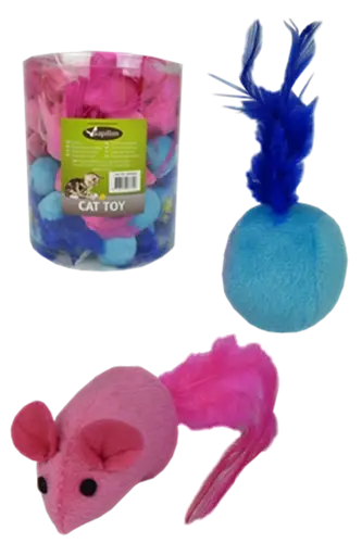 60 Pluche muizen 7 cm kleur rose en bal 4 cm blauw assorti in tube